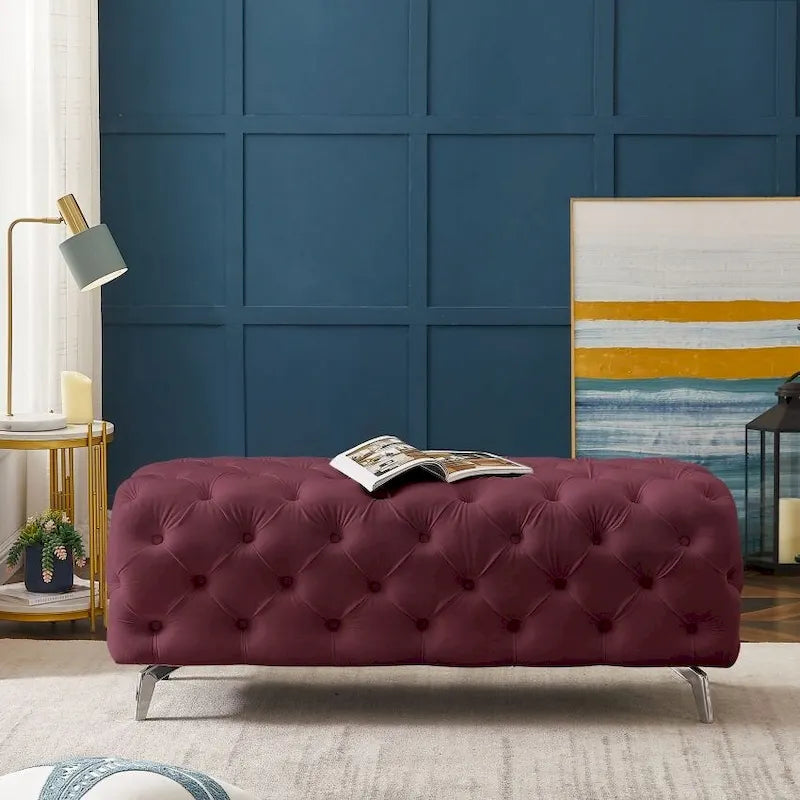 Button-Tufted Ottoman Bench, Upholstered Velvet Footrest Stool Accent Bench for Living Room.