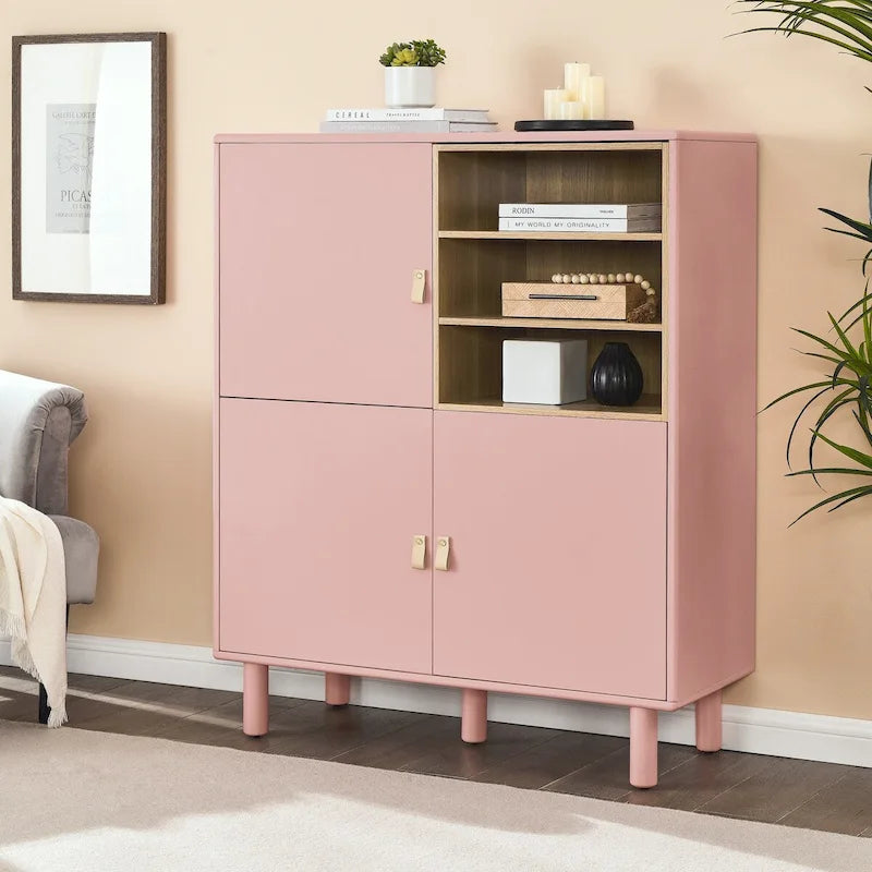 Multifunctional Wooden Sideboard Storage Cabinet with Door and Leather Handle Drawer