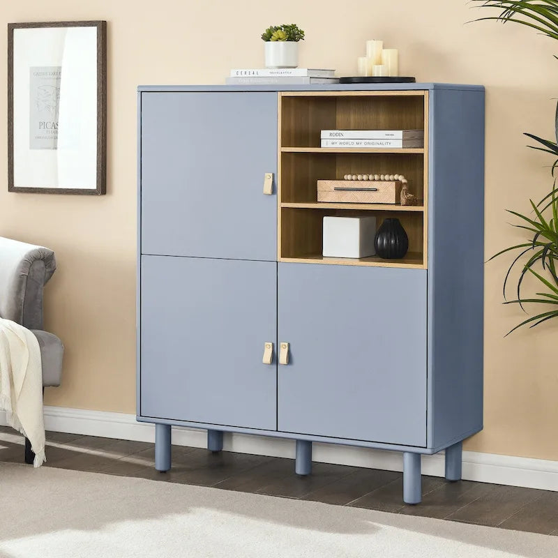 Multifunctional Wooden Sideboard Storage Cabinet with Door and Leather Handle Drawer