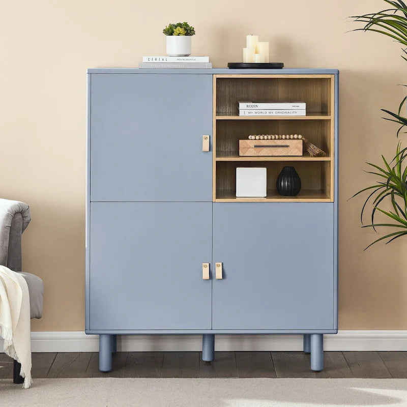 Multifunctional Wooden Sideboard Storage Cabinet with Door and Leather Handle Drawer