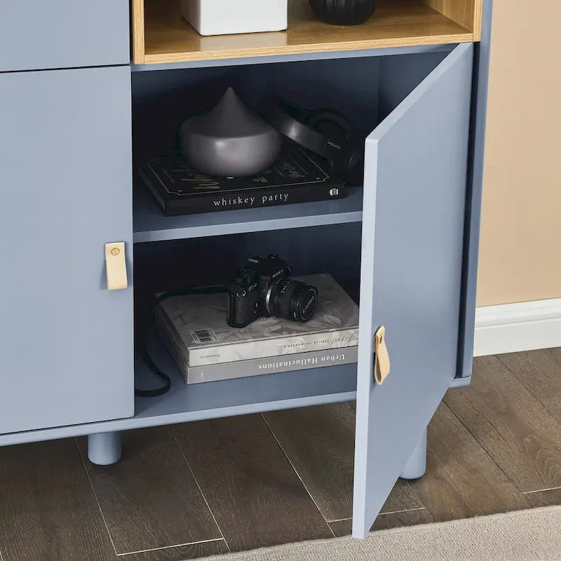 Multifunctional Wooden Sideboard Storage Cabinet with Door and Leather Handle Drawer