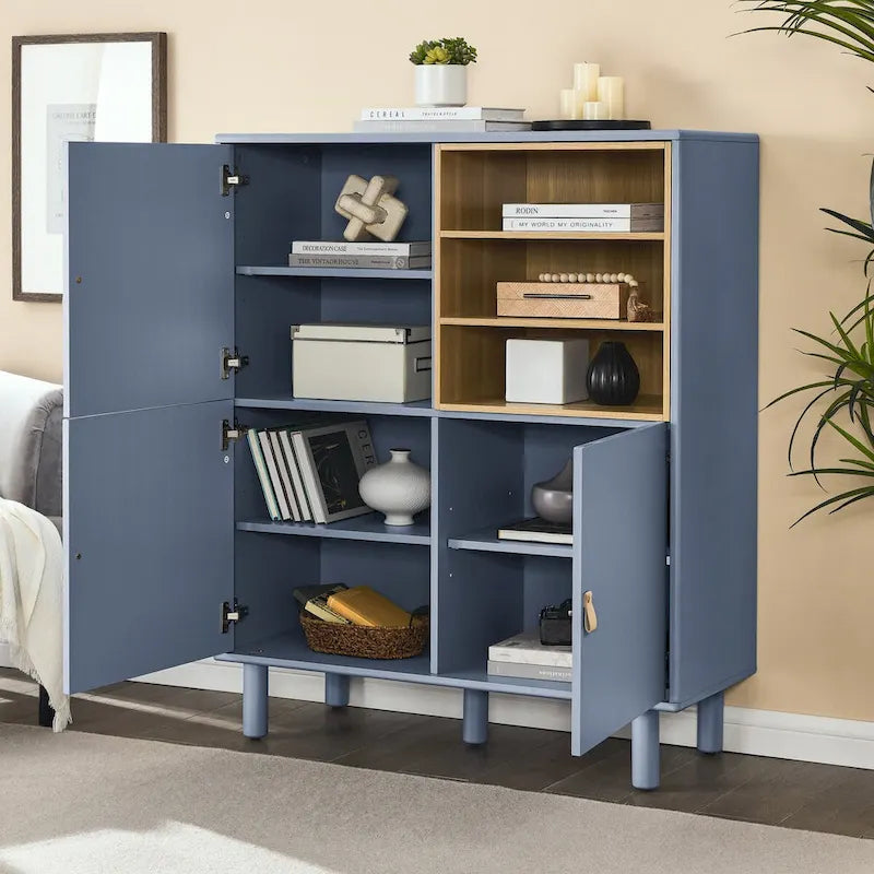 Multifunctional Wooden Sideboard Storage Cabinet with Door and Leather Handle Drawer