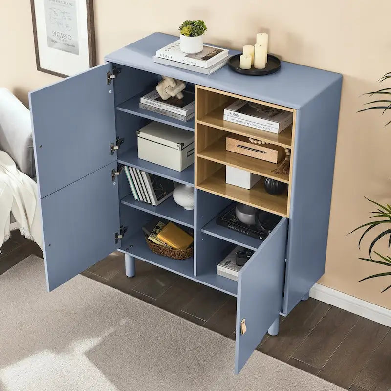 Multifunctional Wooden Sideboard Storage Cabinet with Door and Leather Handle Drawer