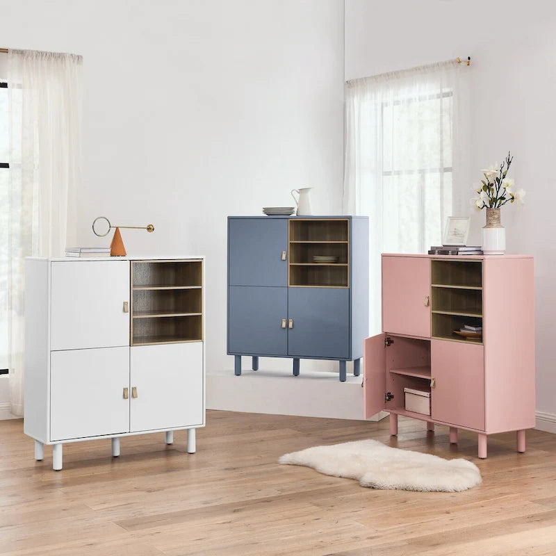 Multifunctional Wooden Sideboard Storage Cabinet with Door and Leather Handle Drawer