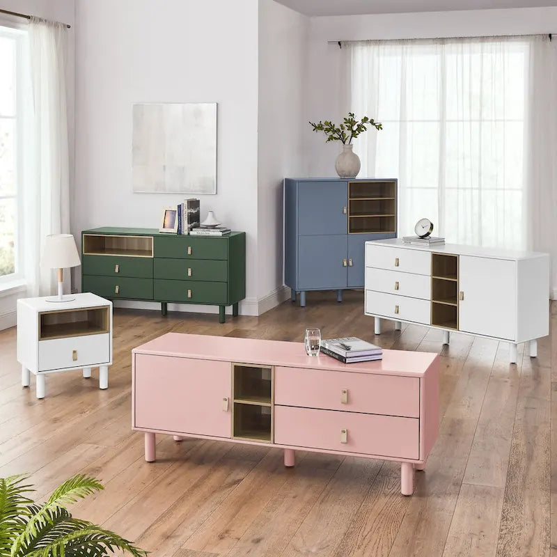 Multifunctional Wooden Sideboard Storage Cabinet with Door and Leather Handle Drawer
