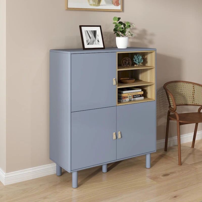 Multifunctional Wooden Sideboard Storage Cabinet with Door and Leather Handle Drawer