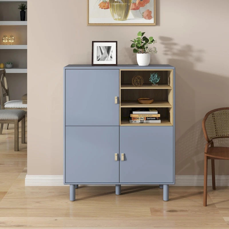 Multifunctional Wooden Sideboard Storage Cabinet with Door and Leather Handle Drawer