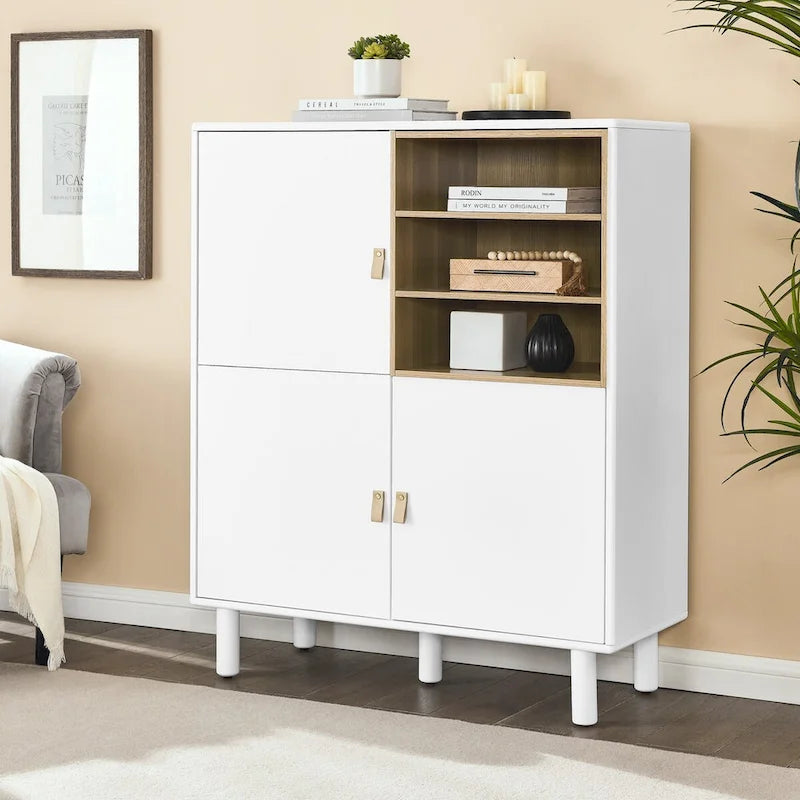 Multifunctional Wooden Sideboard Storage Cabinet with Door and Leather Handle Drawer