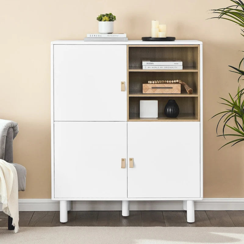 Multifunctional Wooden Sideboard Storage Cabinet with Door and Leather Handle Drawer