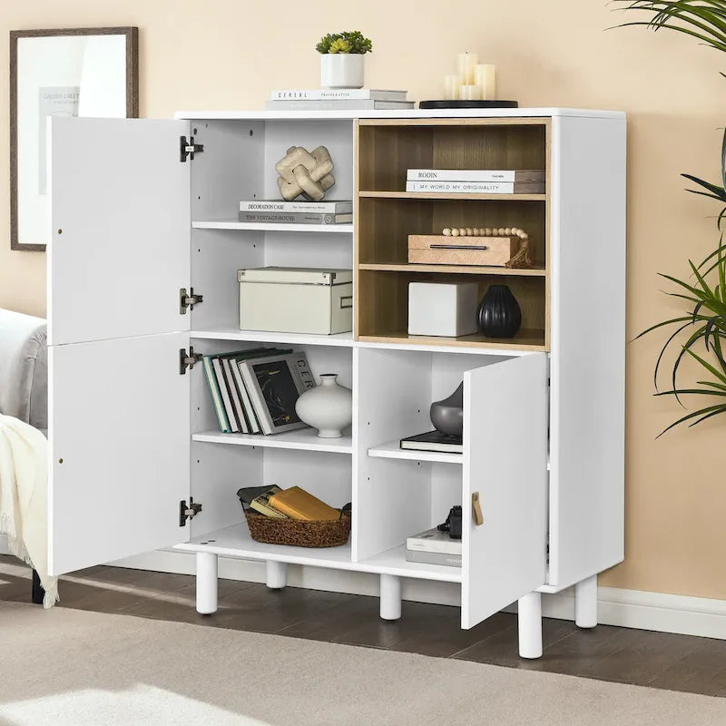 Multifunctional Wooden Sideboard Storage Cabinet with Door and Leather Handle Drawer