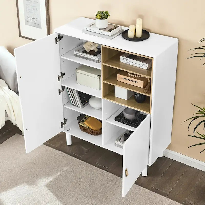 Multifunctional Wooden Sideboard Storage Cabinet with Door and Leather Handle Drawer