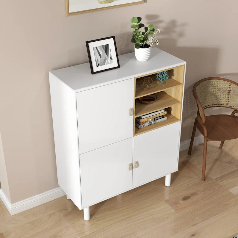 Multifunctional Wooden Sideboard Storage Cabinet with Door and Leather Handle Drawer