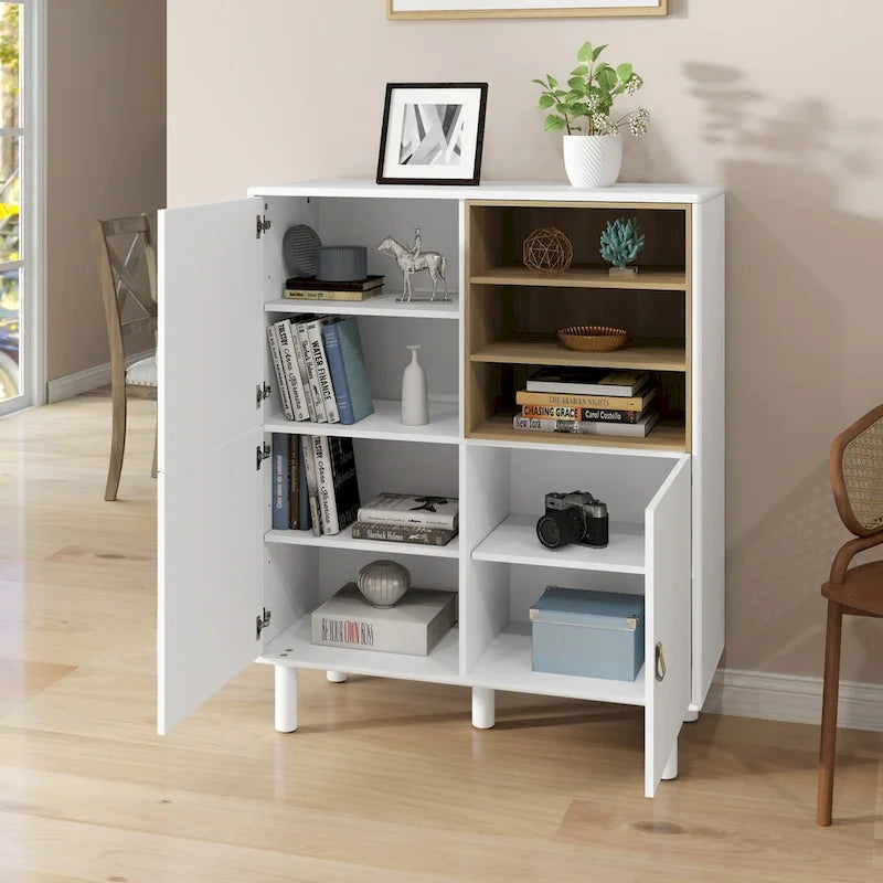 Multifunctional Wooden Sideboard Storage Cabinet with Door and Leather Handle Drawer