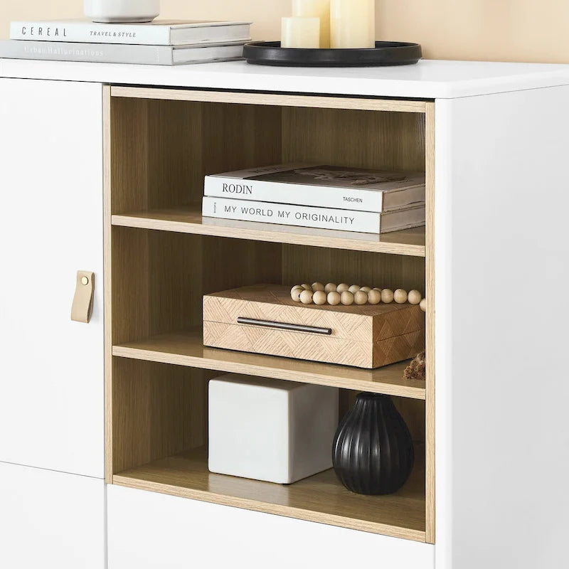 Multifunctional Wooden Sideboard Storage Cabinet with Door and Leather Handle Drawer