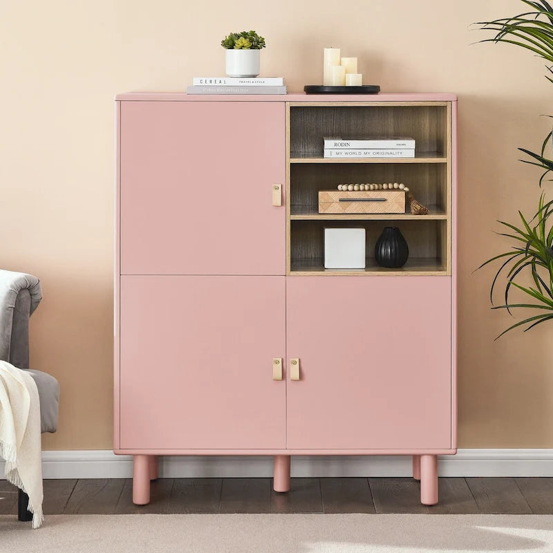 Multifunctional Wooden Sideboard Storage Cabinet with Door and Leather Handle Drawer