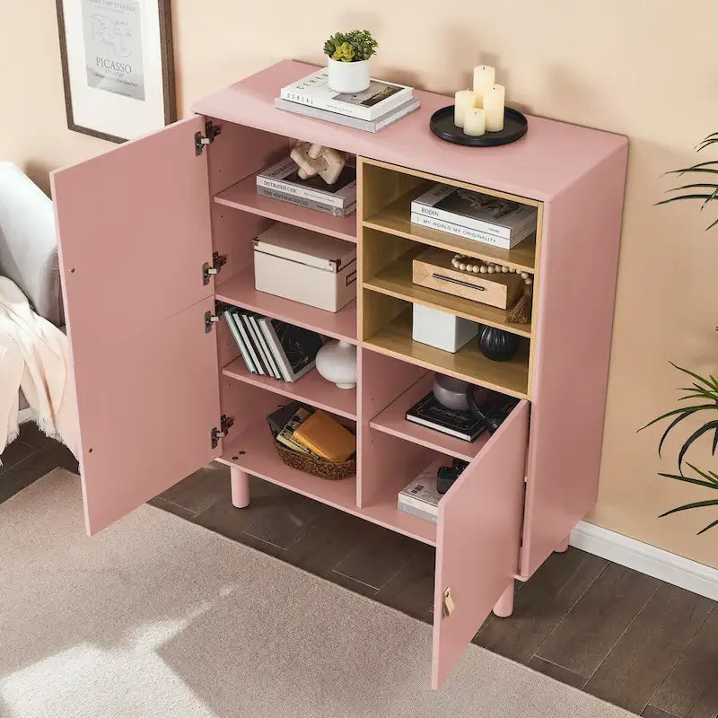 Multifunctional Wooden Sideboard Storage Cabinet with Door and Leather Handle Drawer