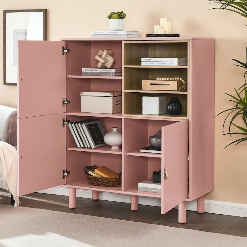 Multifunctional Wooden Sideboard Storage Cabinet with Door and Leather Handle Drawer