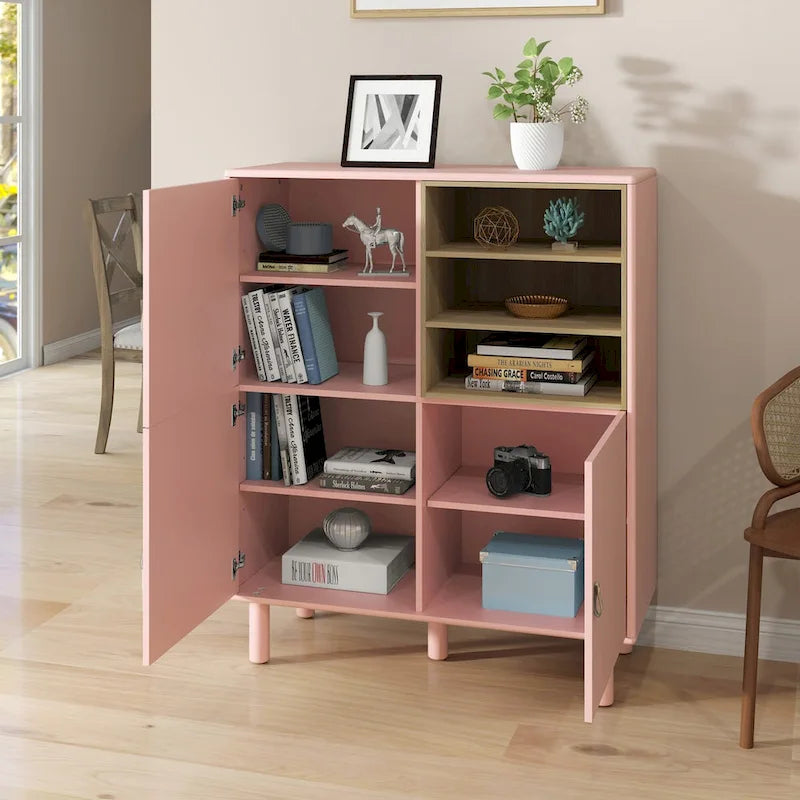 Multifunctional Wooden Sideboard Storage Cabinet with Door and Leather Handle Drawer