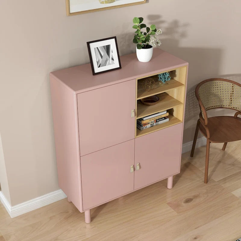 Multifunctional Wooden Sideboard Storage Cabinet with Door and Leather Handle Drawer