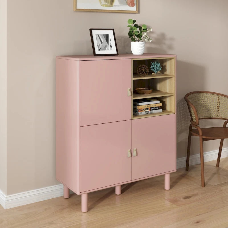 Multifunctional Wooden Sideboard Storage Cabinet with Door and Leather Handle Drawer