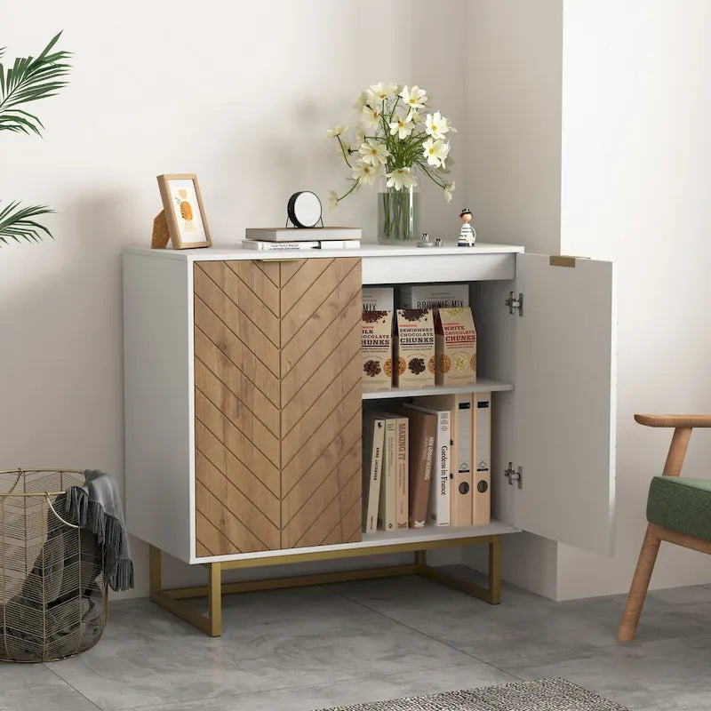 White and Gold Storage Cabinet with 2 Doors, Modern Sideboard Cabinet, Kitchen Buffet with Sideboard Buffet for Living Room