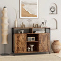 Industrial Rustic Brown Storage Cabinet with Open Shelves and Double Doors