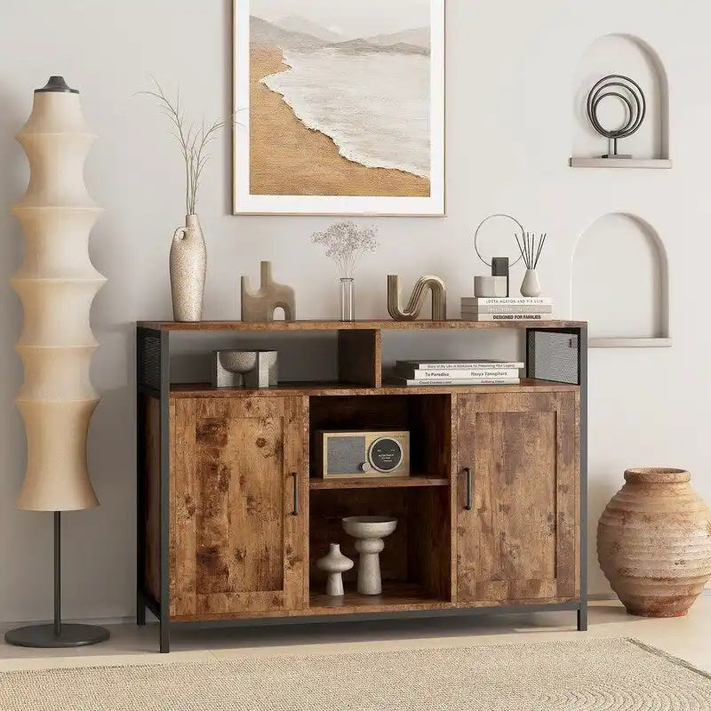 Industrial Rustic Brown Storage Cabinet with Open Shelves and Double Doors