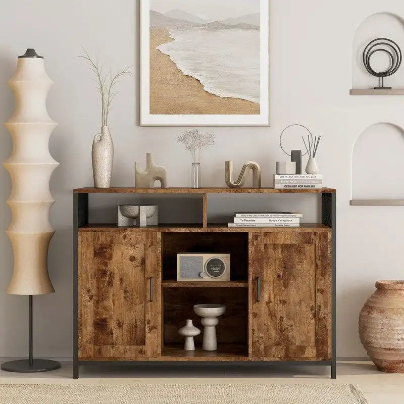 Industrial Rustic Brown Storage Cabinet with Open Shelves and Double Doors