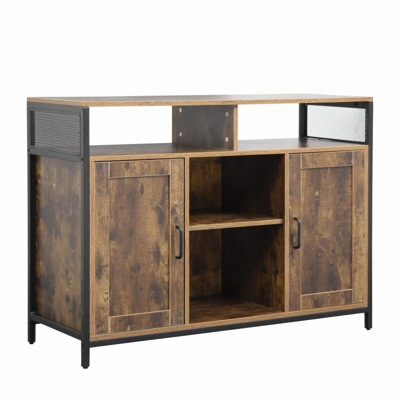 Industrial Rustic Brown Storage Cabinet with Open Shelves and Double Doors