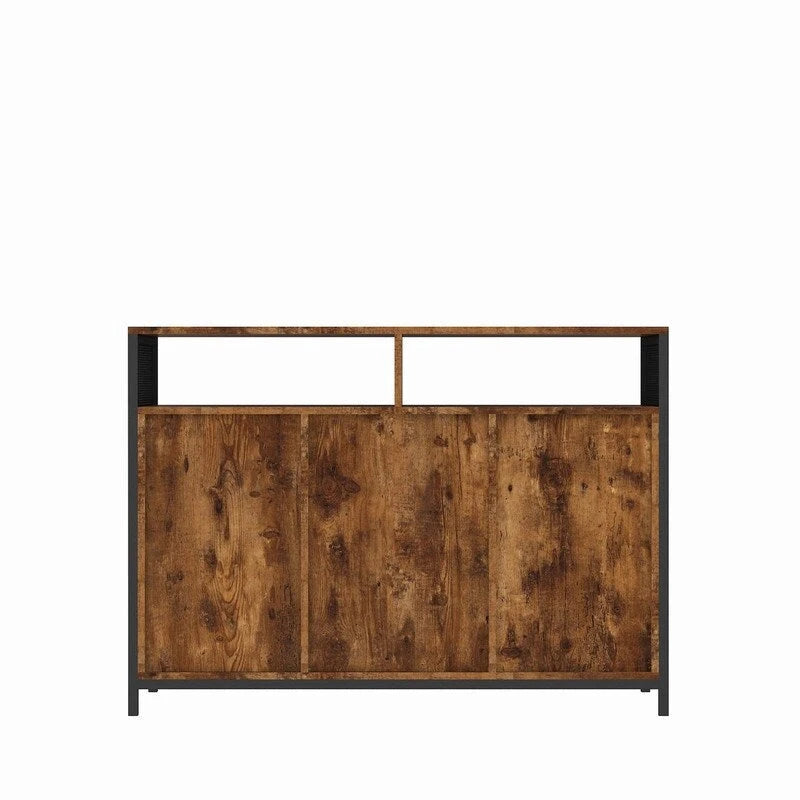 Industrial Rustic Brown Storage Cabinet with Open Shelves and Double Doors