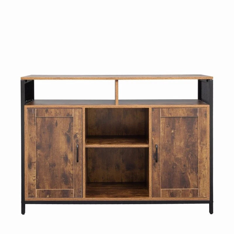 Industrial Rustic Brown Storage Cabinet with Open Shelves and Double Doors
