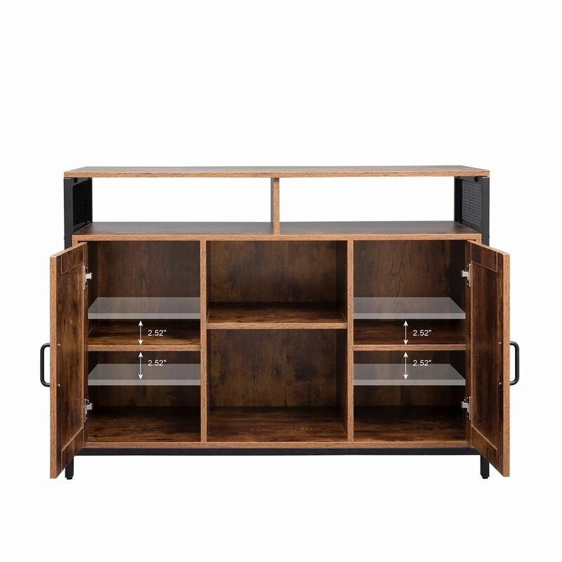 Industrial Rustic Brown Storage Cabinet with Open Shelves and Double Doors