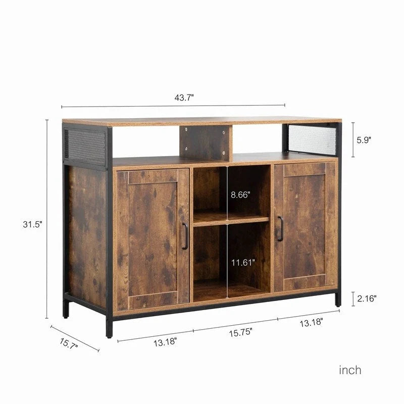 Industrial Rustic Brown Storage Cabinet with Open Shelves and Double Doors