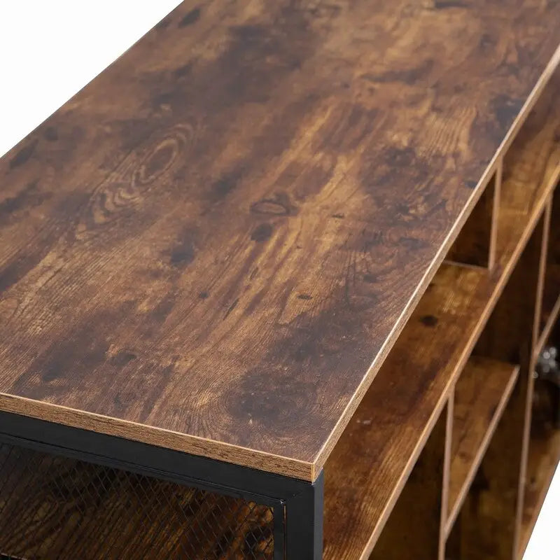 Industrial Rustic Brown Storage Cabinet with Open Shelves and Double Doors