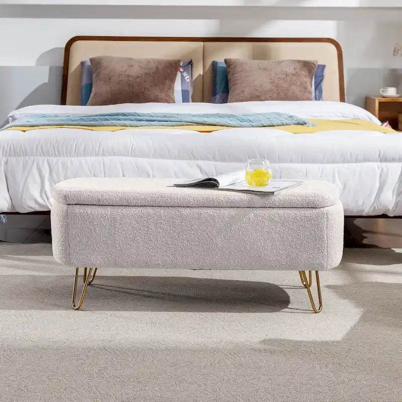 Upholster Storage Ottoman Bench with Faux Fur - 39.37L x 15.75W x 15.5H