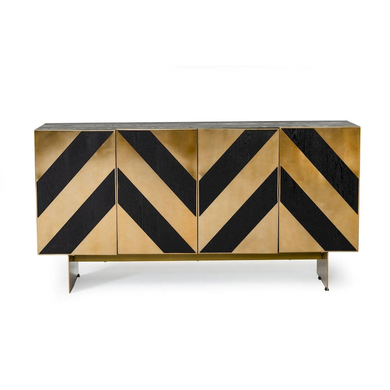 Black Ash Veneer Brushed Brass Geometric 4-Door Modern Glam Sideboard Buffet Cabinet