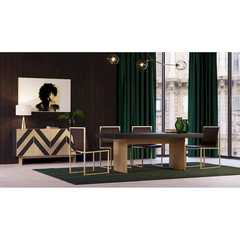 Black Ash Veneer Brushed Brass Geometric 4-Door Modern Glam Sideboard Buffet Cabinet