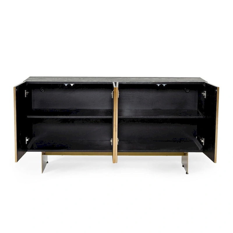 Black Ash Veneer Brushed Brass Geometric 4-Door Modern Glam Sideboard Buffet Cabinet