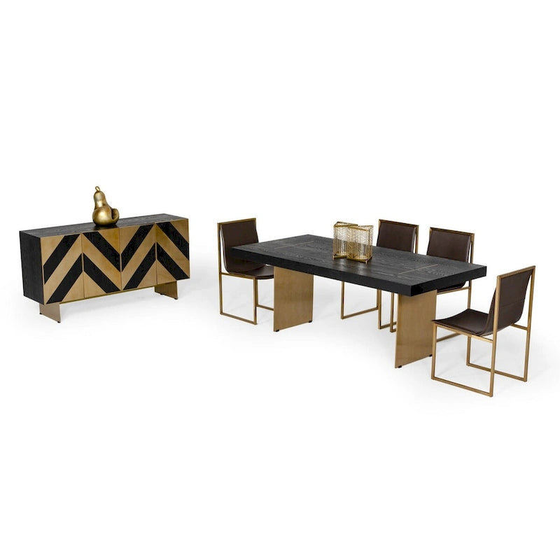 Black Ash Veneer Brushed Brass Geometric 4-Door Modern Glam Sideboard Buffet Cabinet