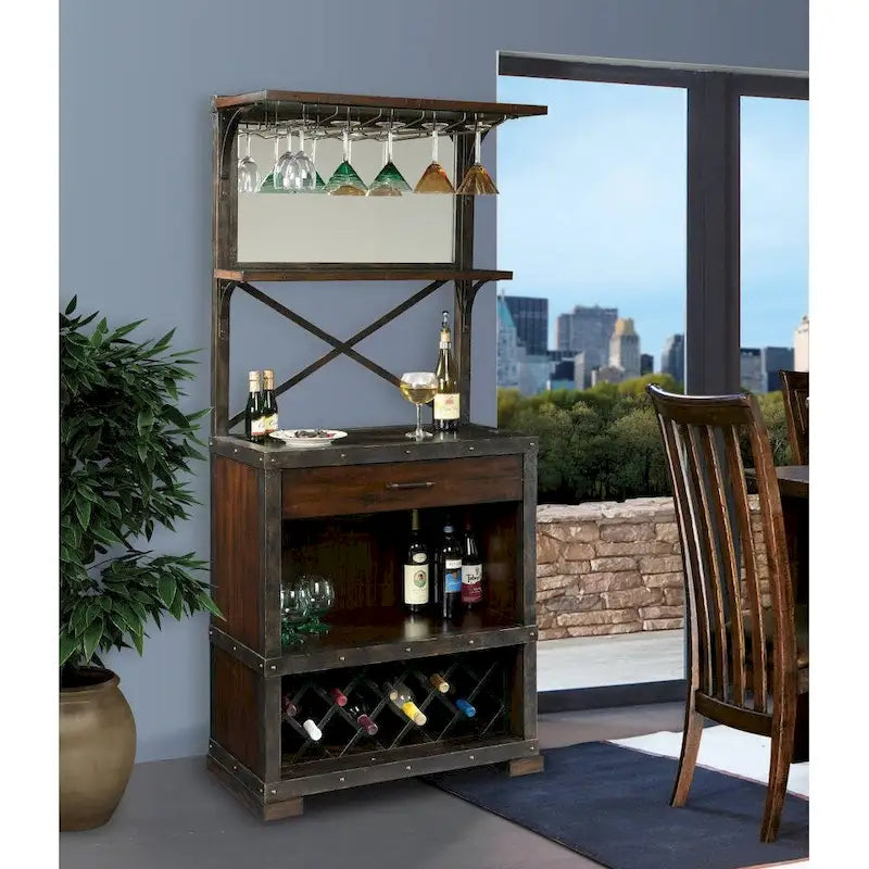 Rustic Brown Hardwood Wine Cabinet with Stemware Rack and Bottle Storage