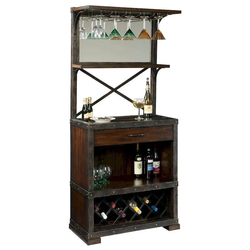 Rustic Brown Hardwood Wine Cabinet with Stemware Rack and Bottle Storage