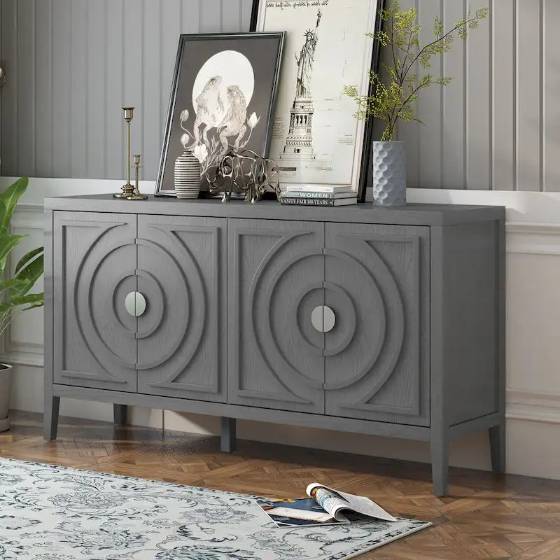 Retro Circular Groove Design Sideboard with Round Metal Door Handle