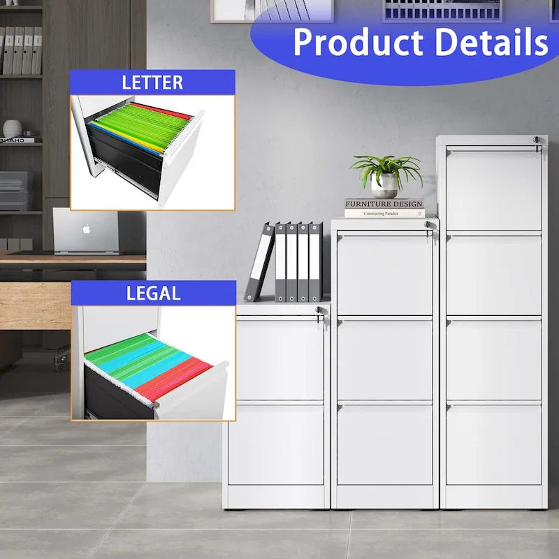 3-Drawer Steel Vertical File Cabinet with Lock, White & Black