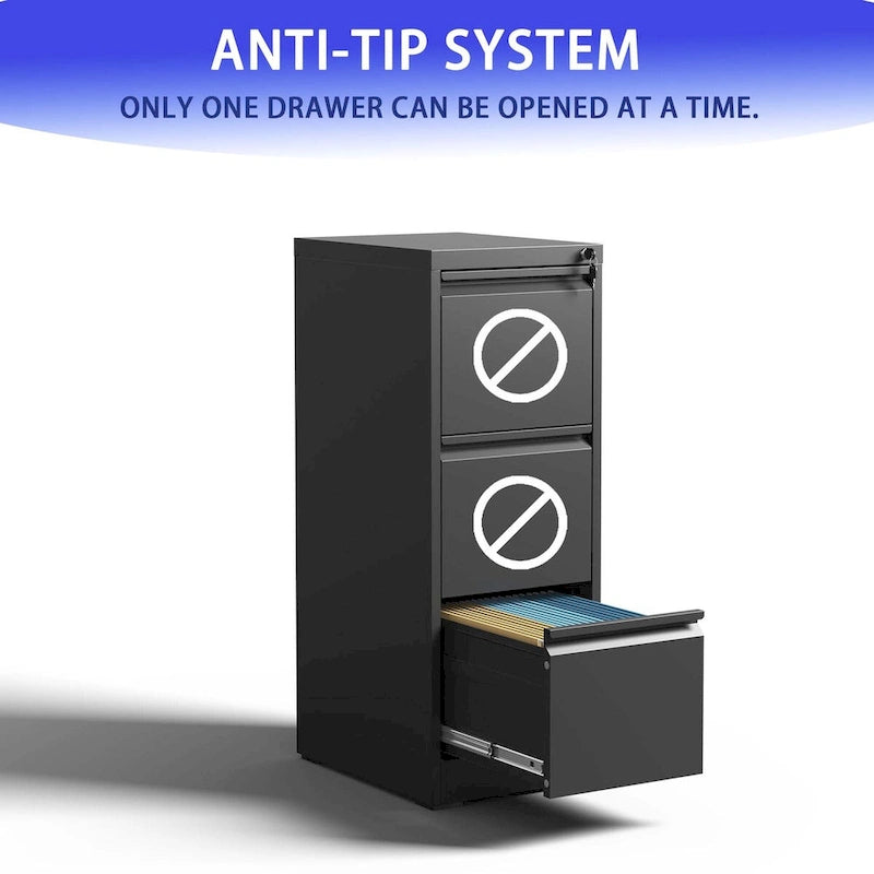 3-Drawer Steel Vertical File Cabinet with Lock, White & Black