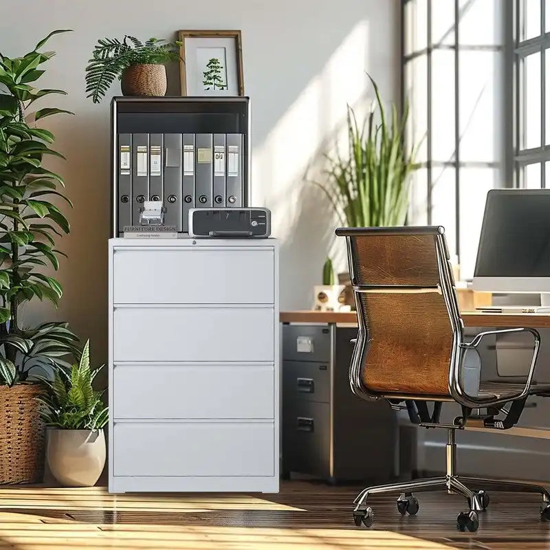 4-Drawer Steel Lateral File Cabinet with Lock, White & Black