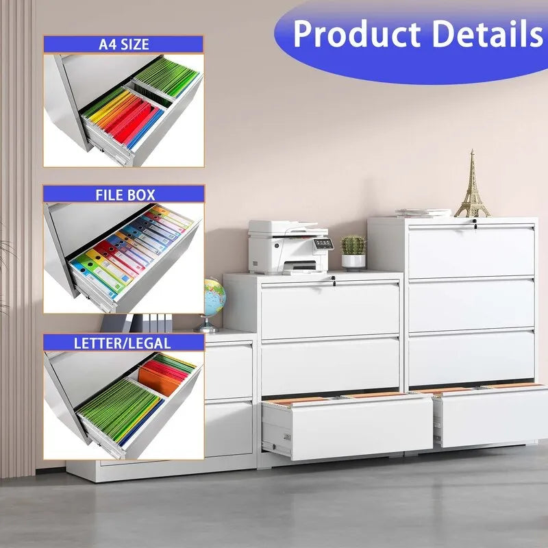 4-Drawer Steel Lateral File Cabinet with Lock, White & Black