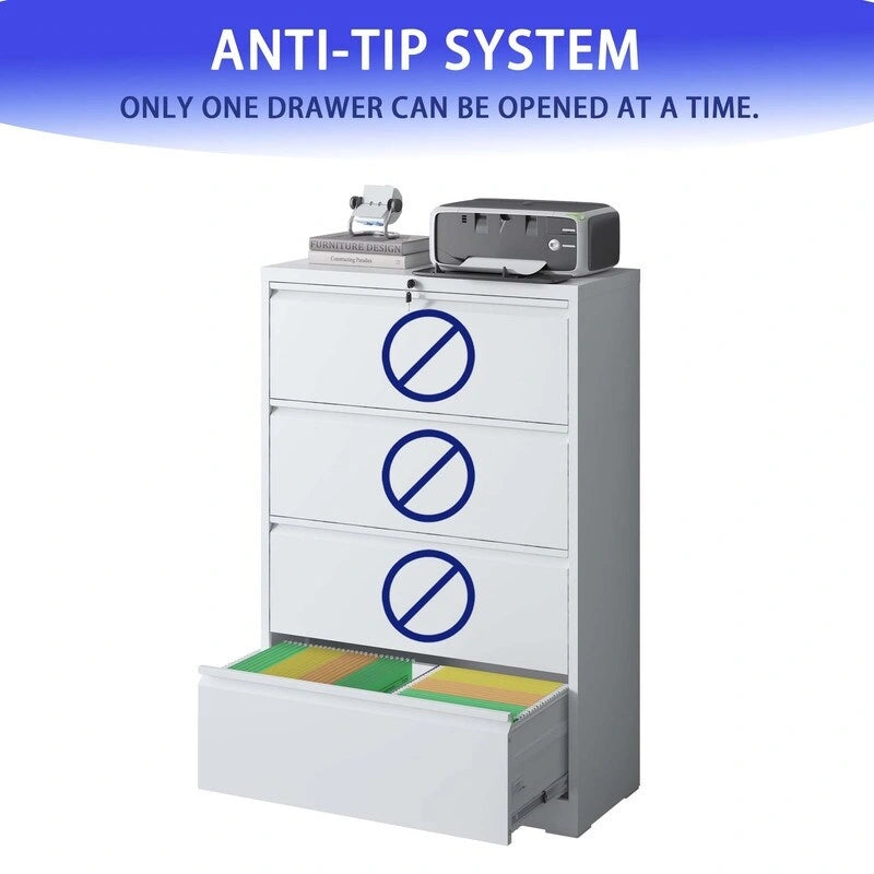 4-Drawer Steel Lateral File Cabinet with Lock, White & Black