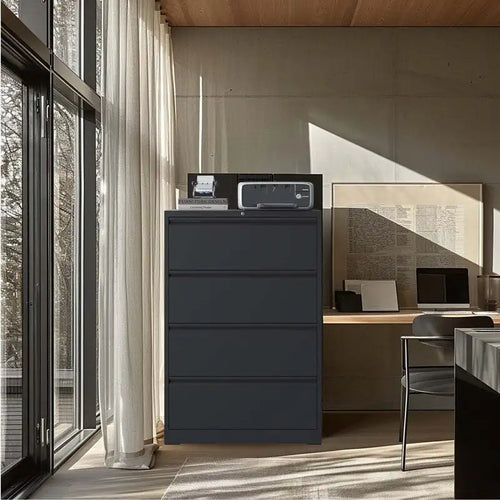 4-Drawer Steel Lateral File Cabinet with Lock, White & Black