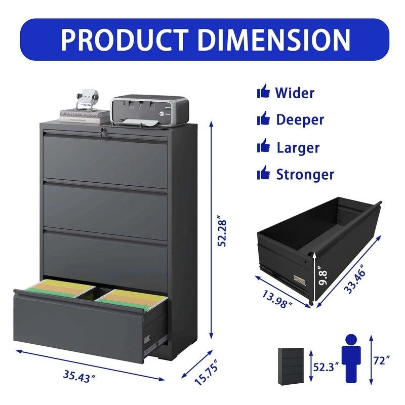 4-Drawer Steel Lateral File Cabinet with Lock, White & Black