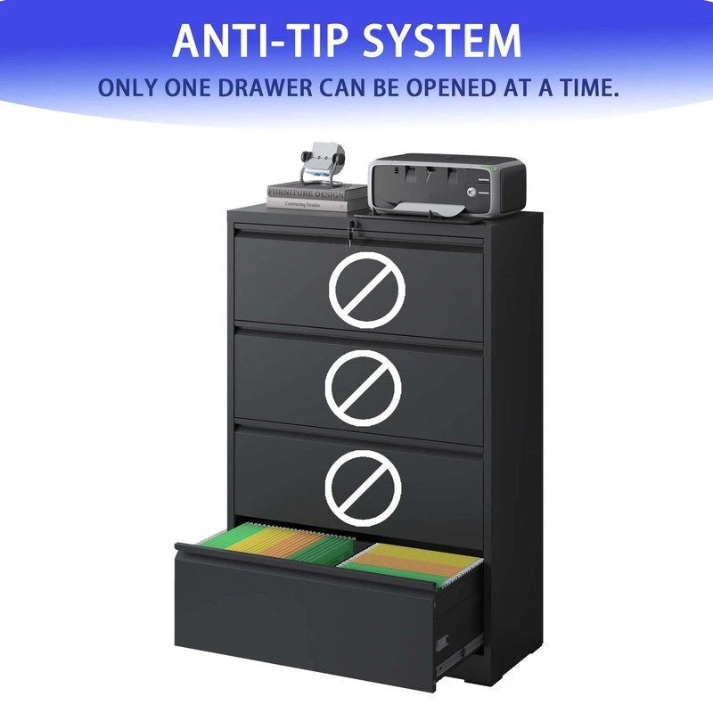 4-Drawer Steel Lateral File Cabinet with Lock, White & Black